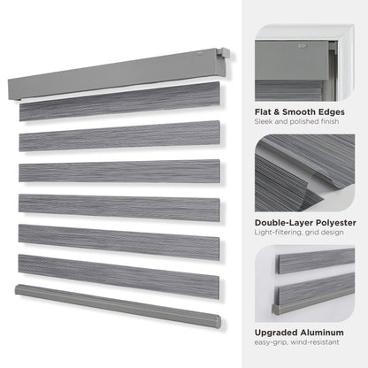 Grey cordless no-drill zebra blinds, dual-layer polyester fabric with stylish zebra stripe design, aluminum bar.