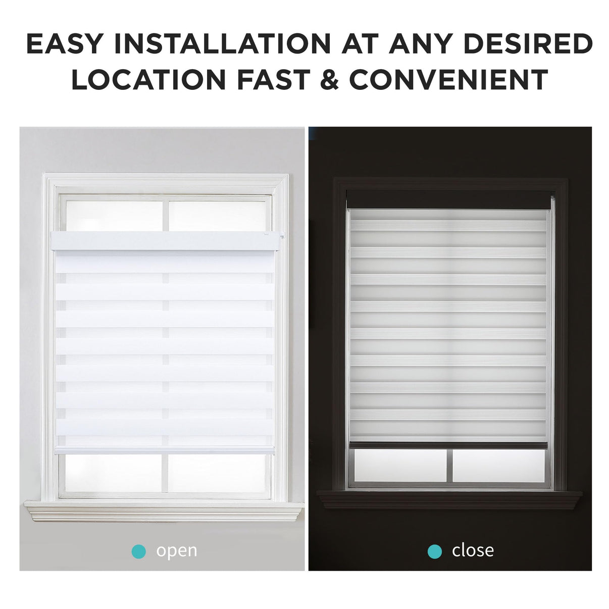 White cordless no-drill zebra blinds shown open and closed, demonstrating light filtering and privacy features.