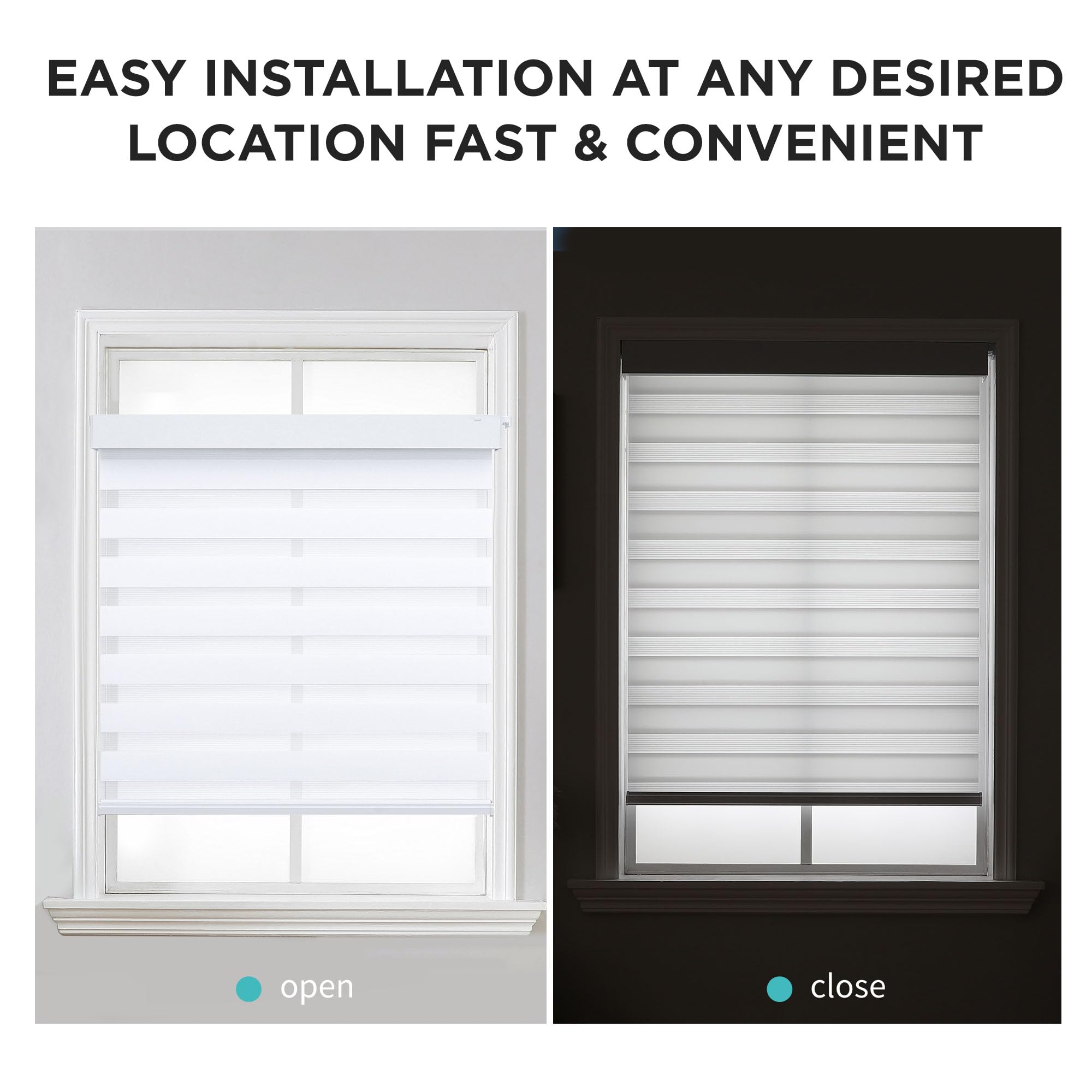 White cordless no-drill zebra blinds shown open and closed, demonstrating light filtering and privacy features.