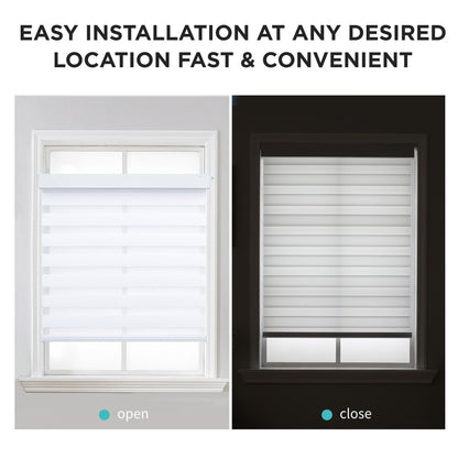 White cordless no-drill zebra blinds shown open and closed, demonstrating light filtering and privacy features.