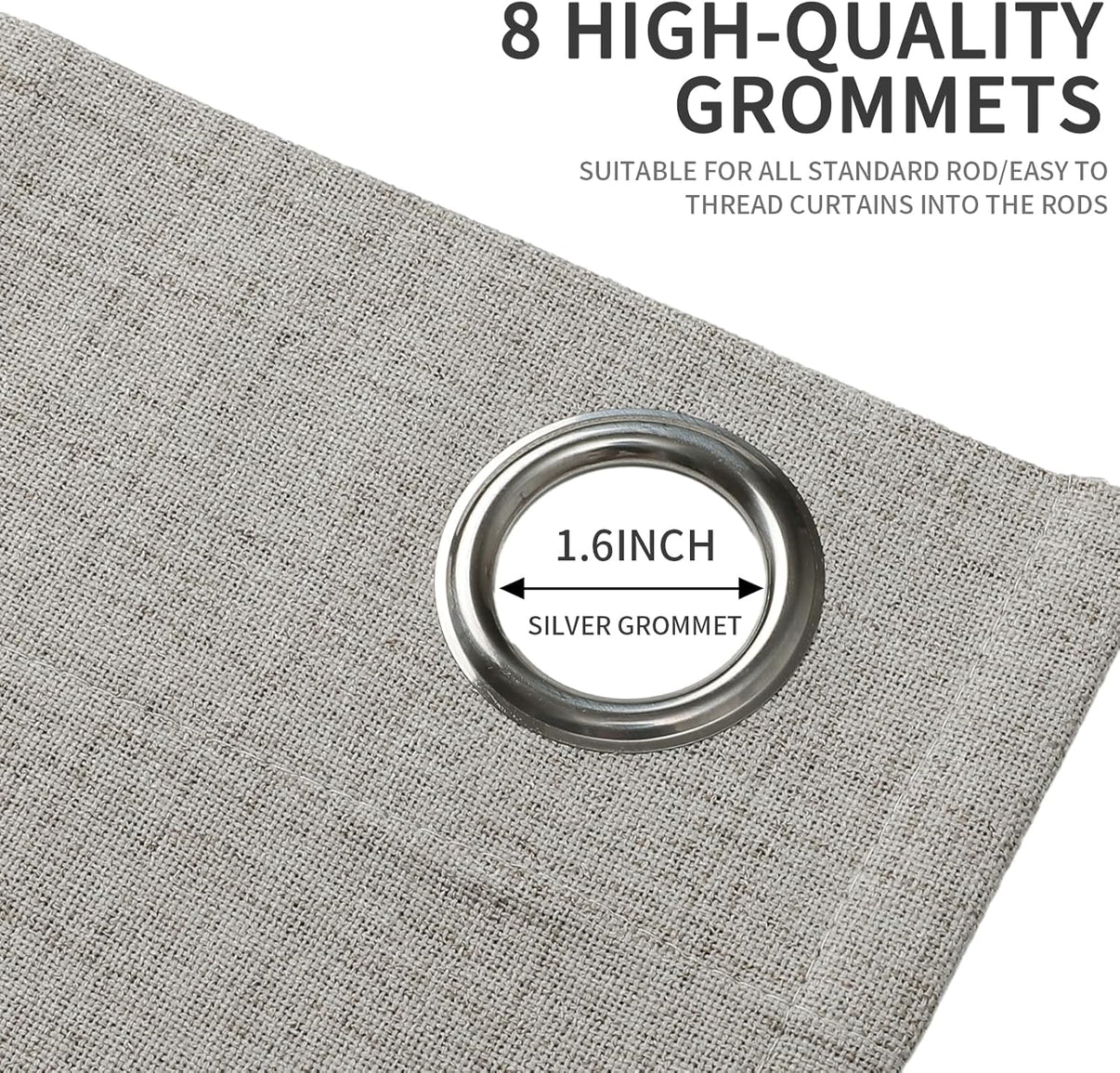 Greyish white faux linen curtain close-up showing a 1.6 inch silver grommet, ideal for standard curtain rods.