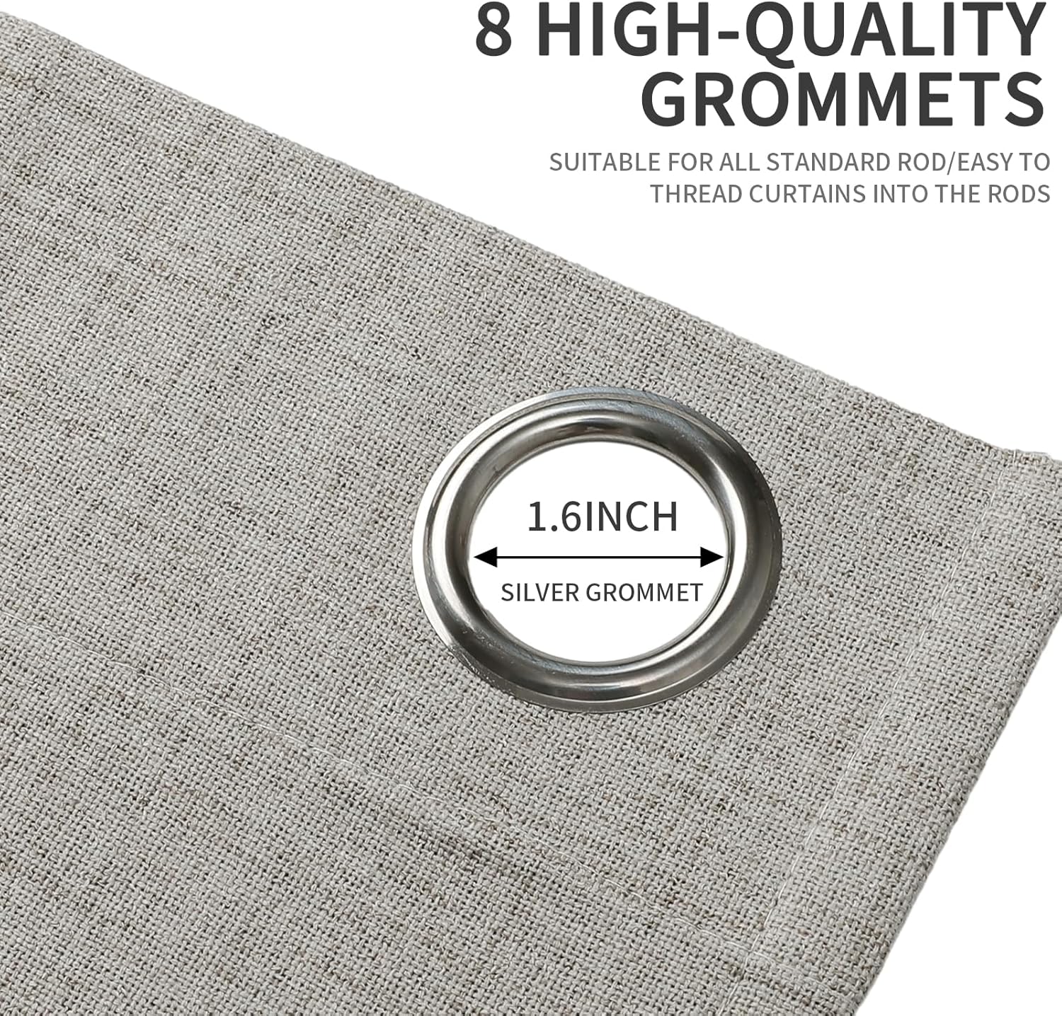 Greyish white faux linen curtain close-up showing a 1.6 inch silver grommet, ideal for standard curtain rods.