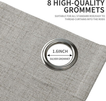 Greyish white faux linen curtain close-up showing a 1.6 inch silver grommet, ideal for standard curtain rods.