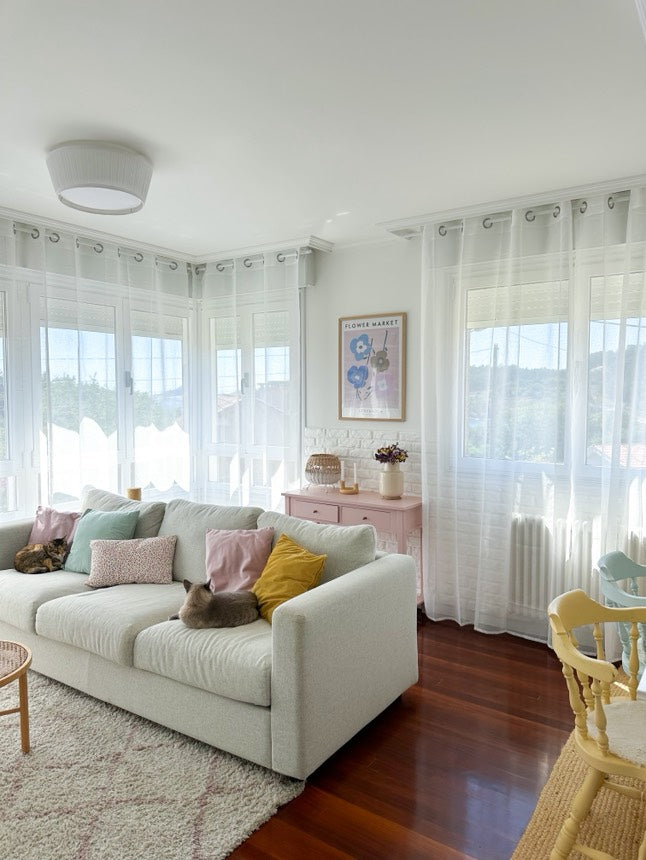 White Joydeco sheer curtains with rod pocket and diamond embroidery in a bright living room, filtering light onto a sofa.