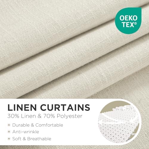 Close-up of ivory linen blend curtains showcasing fabric texture and Oeko-Tex certification.