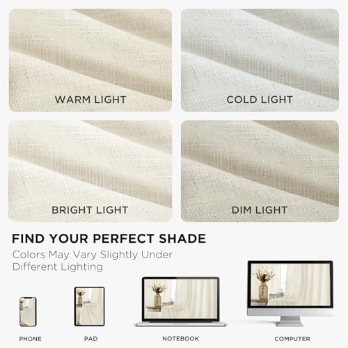 Ivory linen curtain fabric color variations under different lighting conditions. Visual comparison across devices.