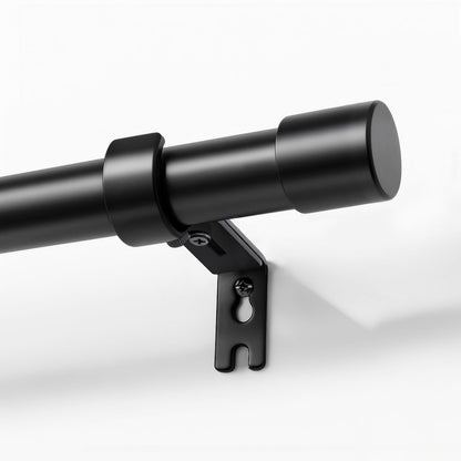 Joydeco matte black adjustable 1-inch diameter heavy duty window curtain rod, mounted with bracket and finial.