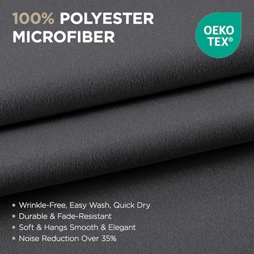 Joydeco charcoal grey blackout curtain fabric. Polyester microfiber, OEKO-TEX certified. Wrinkle-free, durable, noise reduction.