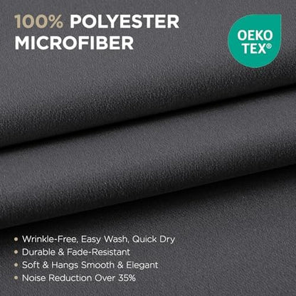 Joydeco charcoal grey blackout curtain fabric. Polyester microfiber, OEKO-TEX certified. Wrinkle-free, durable, noise reduction.
