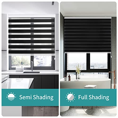 Joydeco black sheer dual-layer zebra blinds in kitchen and bathroom, demonstrating semi and full light filtering and privacy.