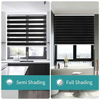 Joydeco black sheer dual-layer zebra blinds in kitchen and bathroom, demonstrating semi and full light filtering and privacy.