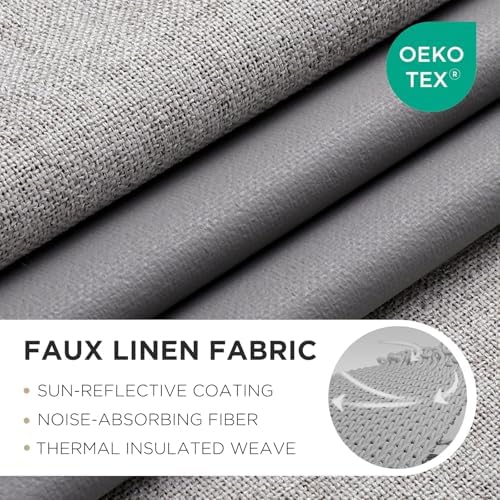 Gray faux linen fabric close-up: OEKO TEX certified, sun-reflective, noise-absorbing, thermal insulated weave.