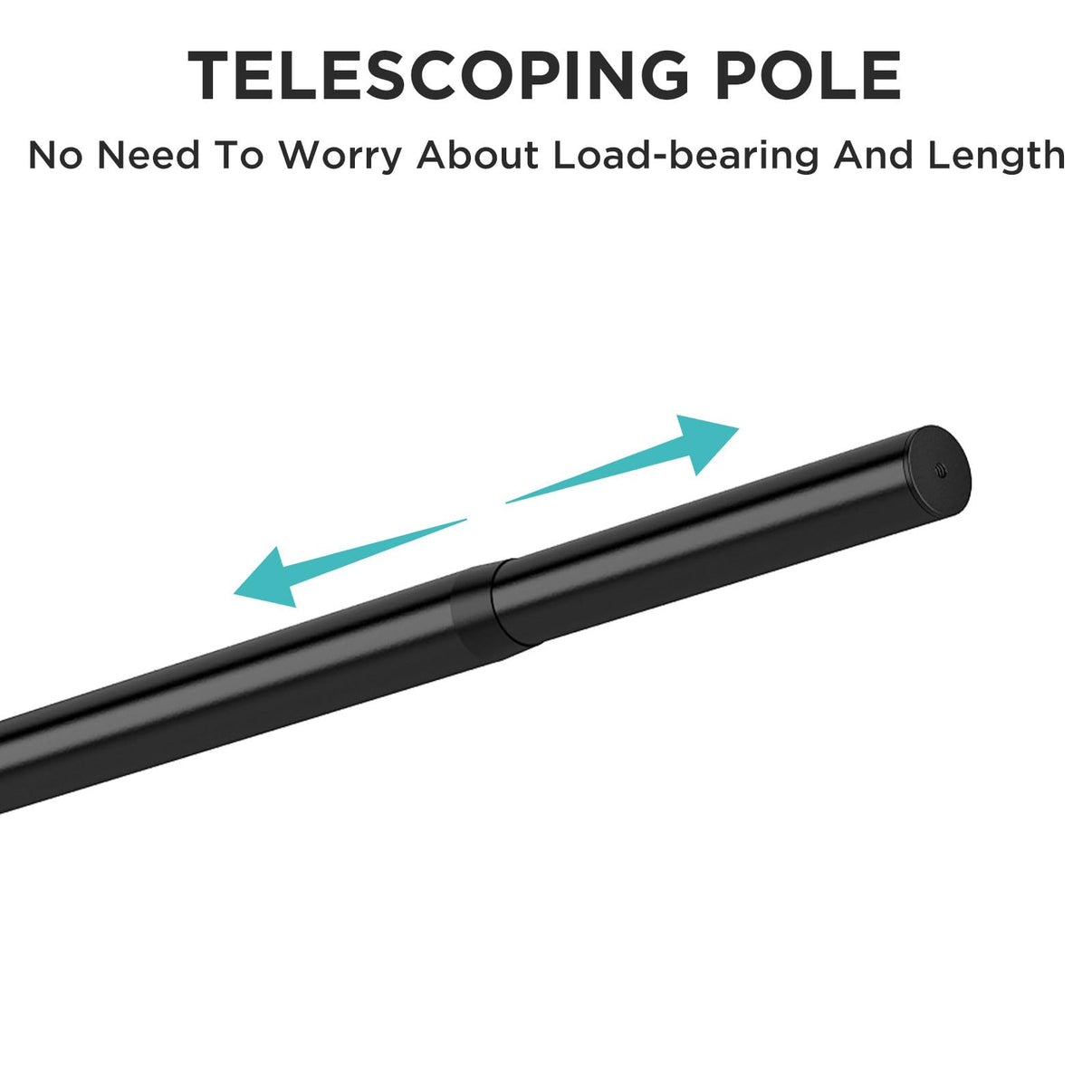 Joydeco adjustable telescoping curtain rod shown extended with teal arrows indicating adjustable length feature.