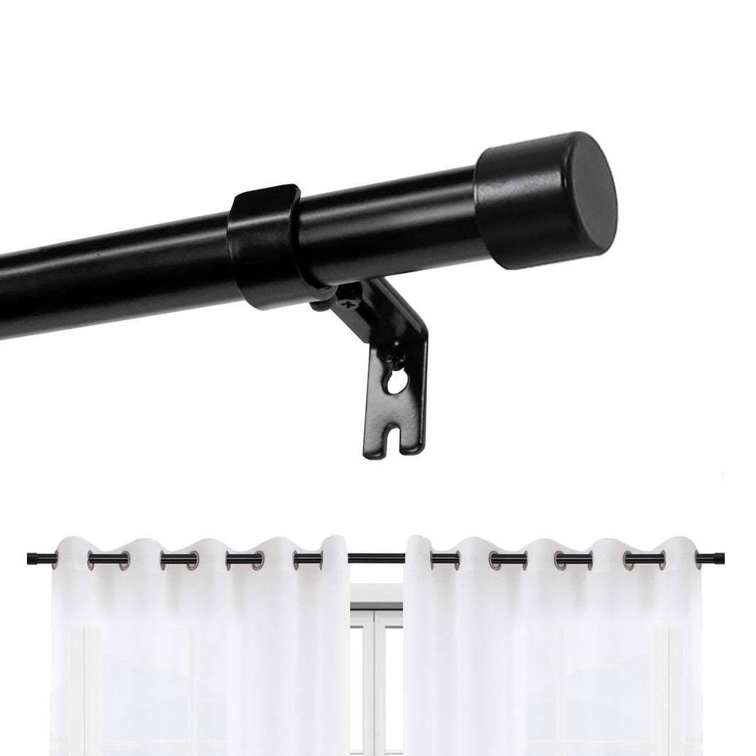 Joydeco matte black adjustable curtain rod with white grommet curtains, 1" diameter, for window display.
