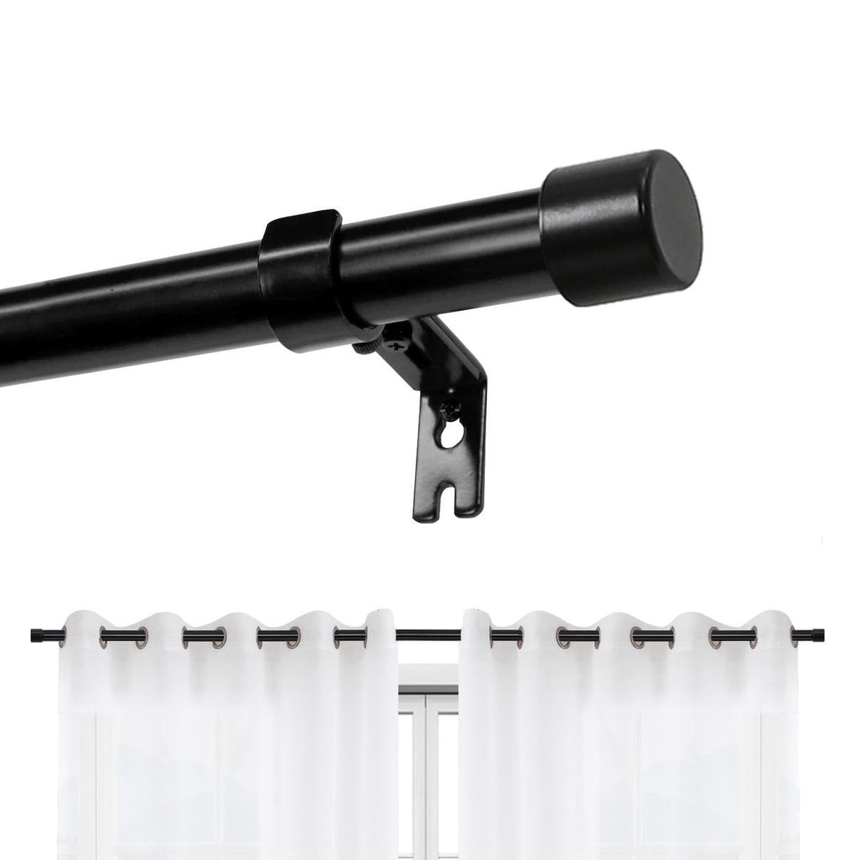 Joydeco matte black adjustable curtain rod with white grommet curtains, 1" diameter, for window display.
