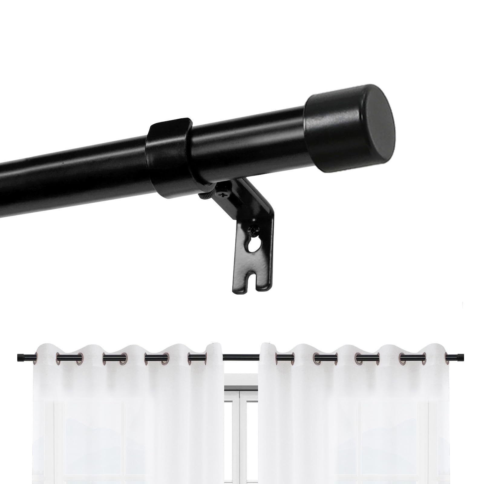 Joydeco matte black adjustable curtain rod with white grommet curtains, 1" diameter, for window display.