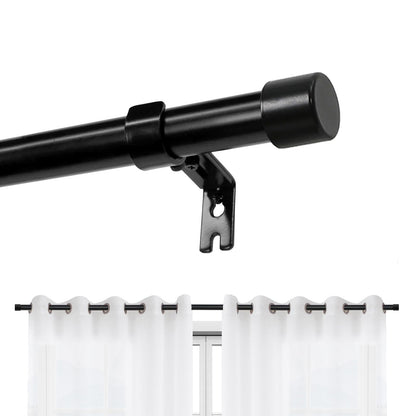 Joydeco matte black adjustable curtain rod with white grommet curtains, 1" diameter, for window display.