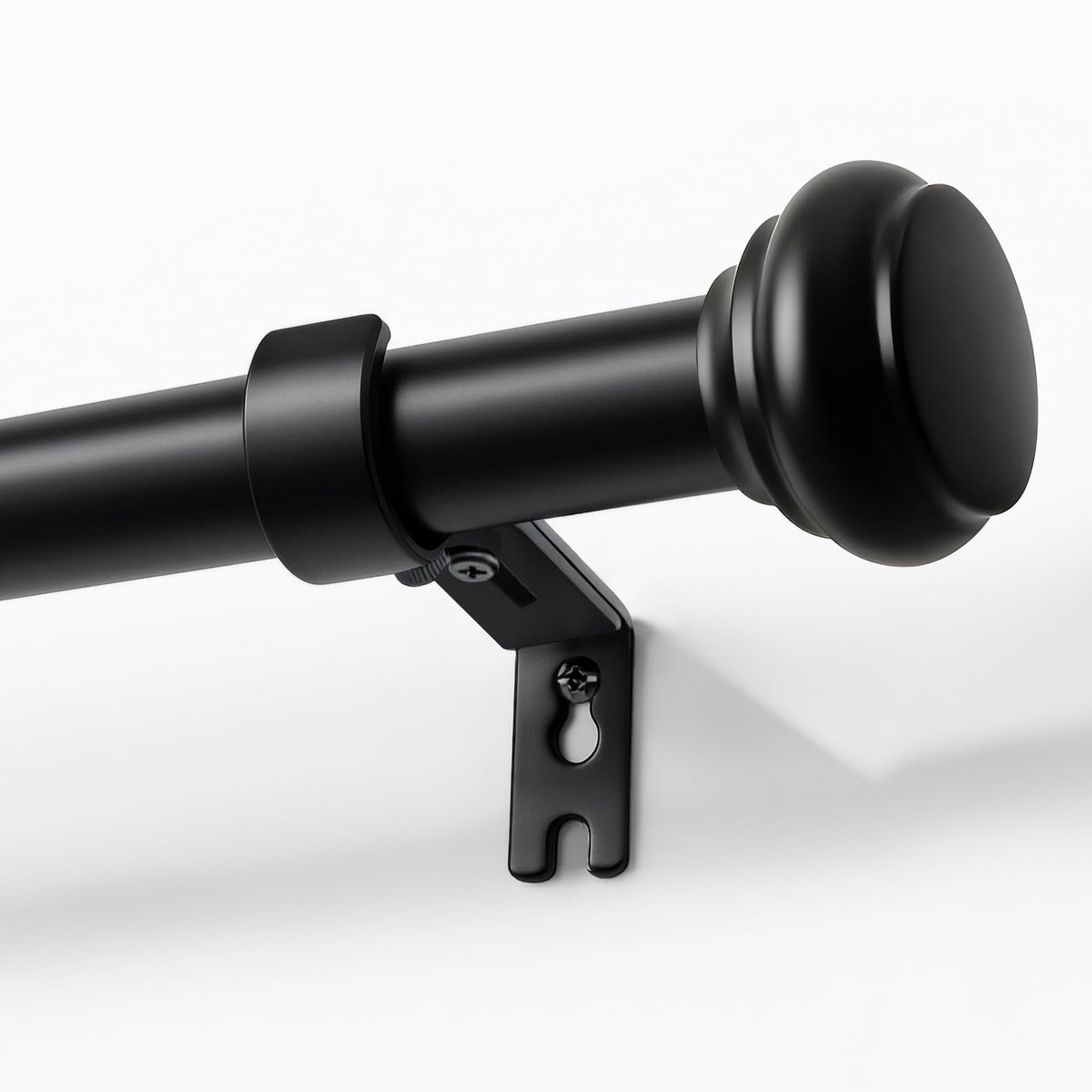 Joydeco black adjustable curtain rod with decorative finial on white wall, 1 inch diameter, product display.