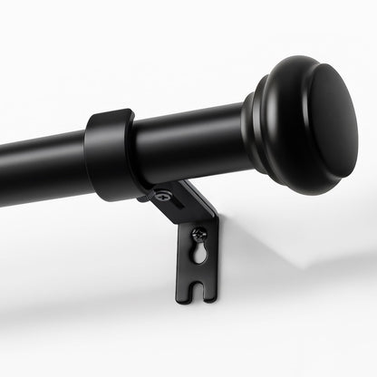 Joydeco black adjustable curtain rod with decorative finial on white wall, 1 inch diameter, product display.