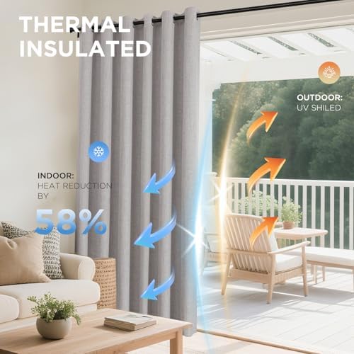 Light gray faux linen grommet blackout curtains illustrating thermal insulation and UV protection.