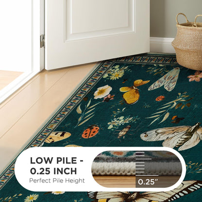 Joydeco Insect Bathroom Rugs Non Slip Washable, Floral Kitchen Rugs Non Slip, Soft Low-Pile Ultra Thin Boho Indoor Floor Throw Carpet for Entryway Bedroom Laundry Entrance