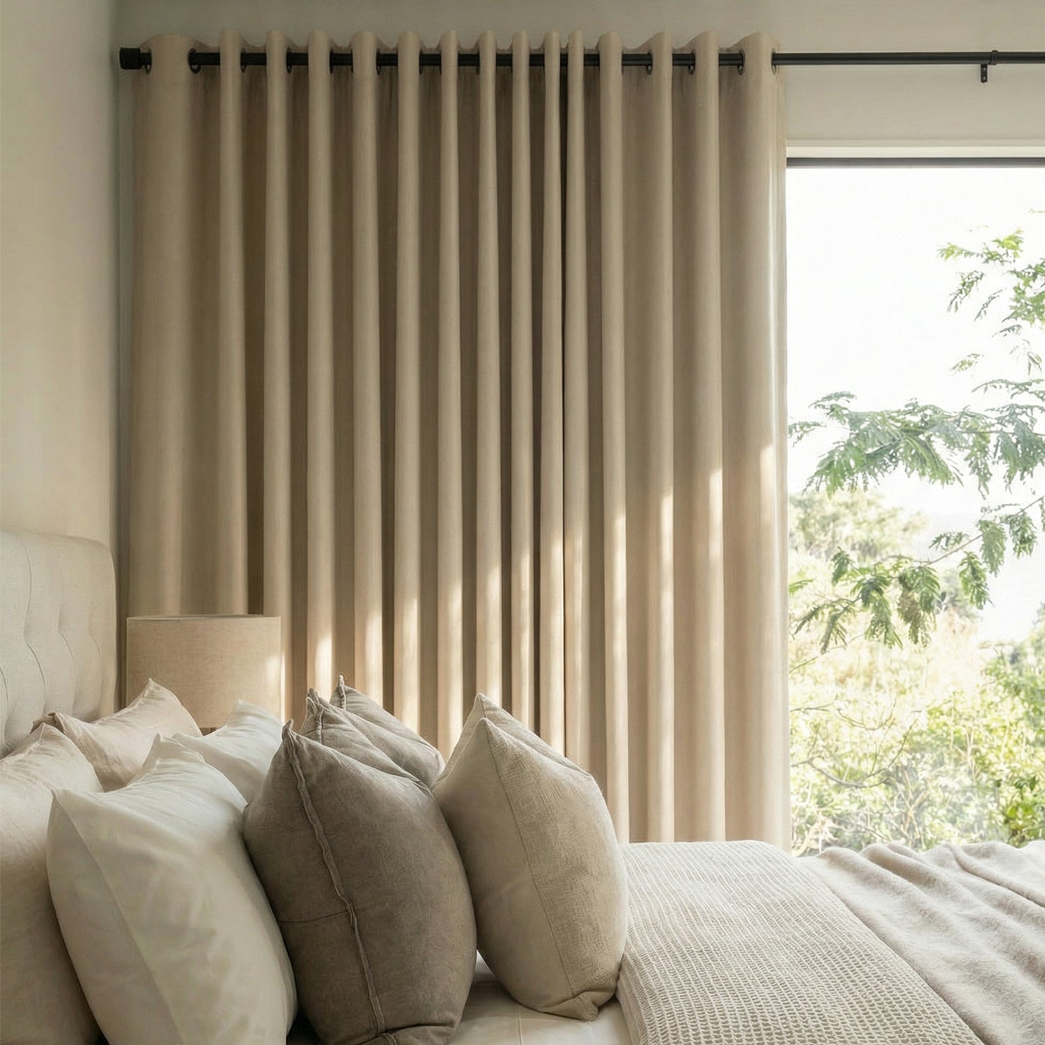 Beige triple weave polyester blackout curtains, custom window treatment for bedroom.