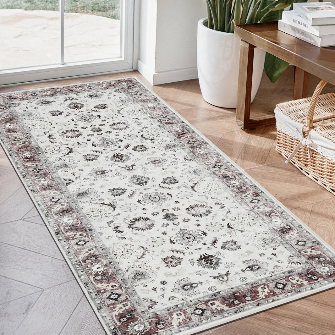 Joydeco Runner Rug Non Slip Machine Washable Vintage Rug, Low Pile Non Slip Chenille Print Rugs for Living Room, Entryway, Bedroom, Kitchen and Corridor, Bathroom