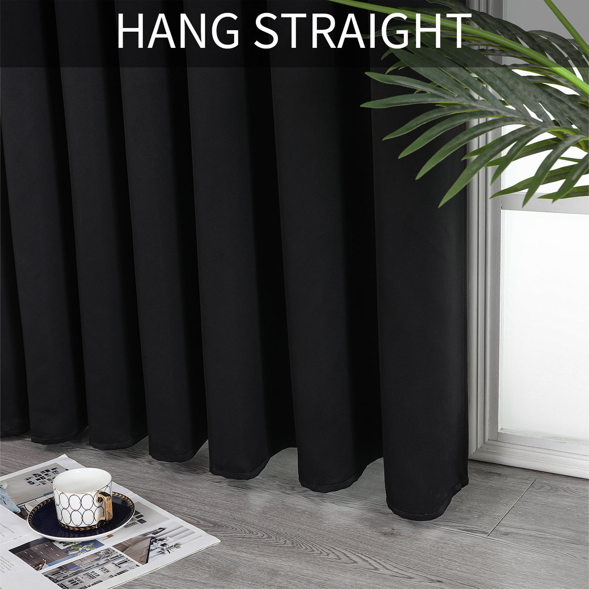 Black extra wide blackout curtains with straight pleats, ideal for sliding glass doors or room dividers.