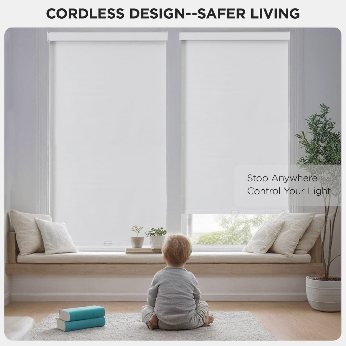 White cordless blackout roller shades with aluminum valance. Child-safe, adjustable light control for home window.