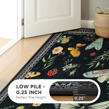 Joydeco Insect Bathroom Rugs Non Slip Washable, Floral Kitchen Rugs Non Slip, Soft Low-Pile Ultra Thin Boho Indoor Floor Throw Carpet for Entryway Bedroom Laundry Entrance