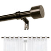 Joydeco brown adjustable curtain rod with modern finial, mounted above white grommet curtains in living room or bedroom.