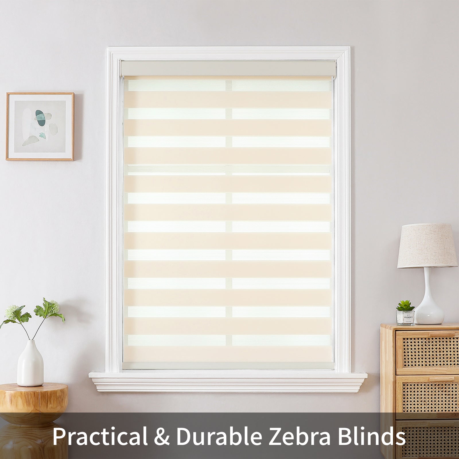 Joydeco beige/white cordless zebra blinds in modern room, dual-layer fabric, adjustable light filtering.