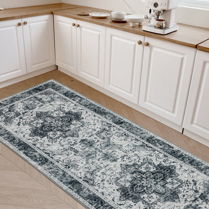 Joydeco Runner Rug Non Slip Machine Washable Vintage Rug, Low Pile Non Slip Chenille Print Rugs for Living Room, Entryway, Bedroom, Kitchen and Corridor, Bathroom