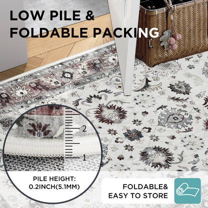 Joydeco Living Room Rug, Non Slip Machine Washable Vintage Runner Rug, Low Pile Lightweight Chenille Print Rugs for Entryway, Hallway, Bedroom, Kitchen and Corridor