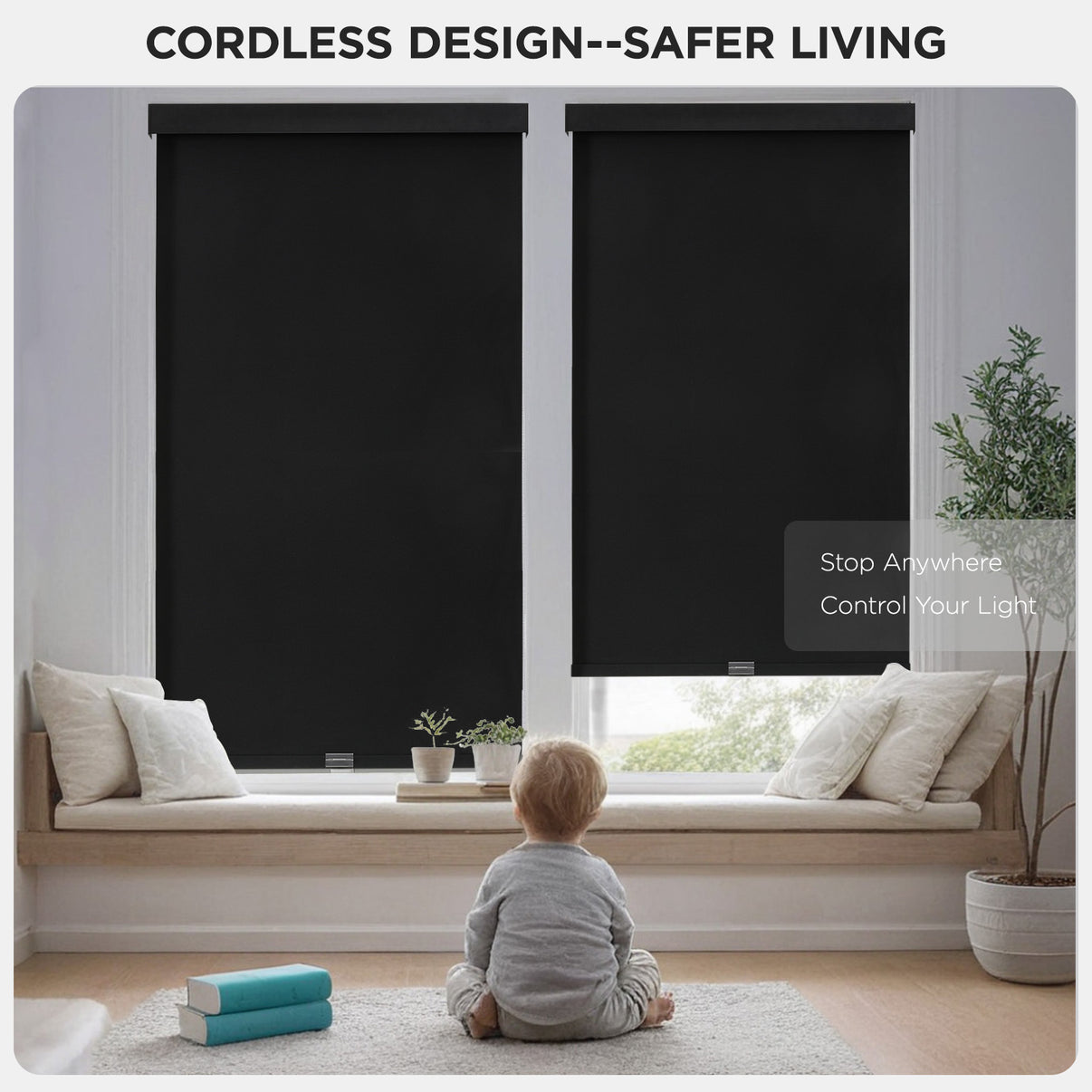 Joydeco black cordless blackout roller shades installed on window with child emphasizing safety. Light-proof aluminum cover.