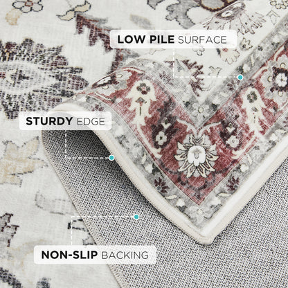 Joydeco Runner Rug Non Slip Machine Washable Vintage Rug, Low Pile Non Slip Chenille Print Rugs for Living Room, Entryway, Bedroom, Kitchen and Corridor, Bathroom