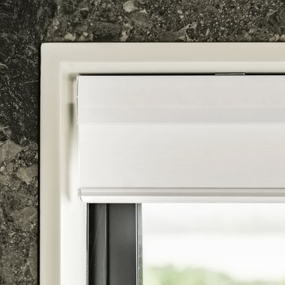 White Solace cellular shade by Joydeco; breathable, light filtering honeycomb fabric, blinds and shades.