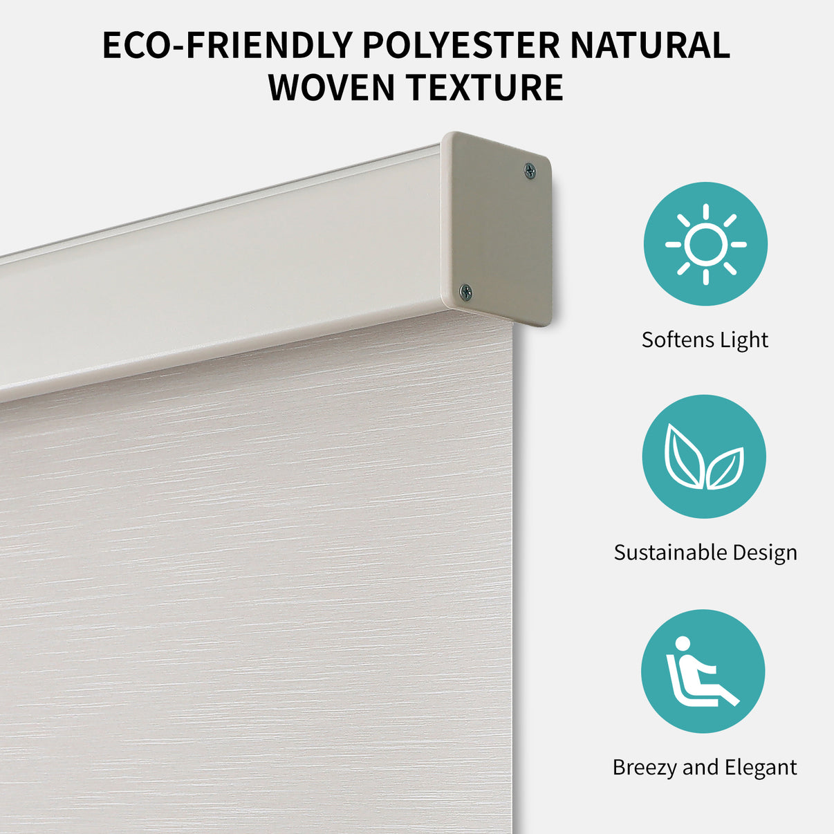 White cordless blackout roller shade with woven texture, aluminum valance, and sustainable design.
