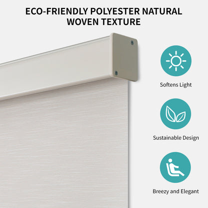 White cordless blackout roller shade with woven texture, aluminum valance, and sustainable design.