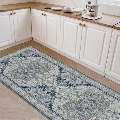 Joydeco Runner Rug Non Slip Machine Washable Vintage Rug, Low Pile Non Slip Chenille Print Rugs for Living Room, Entryway, Bedroom, Kitchen and Corridor, Bathroom