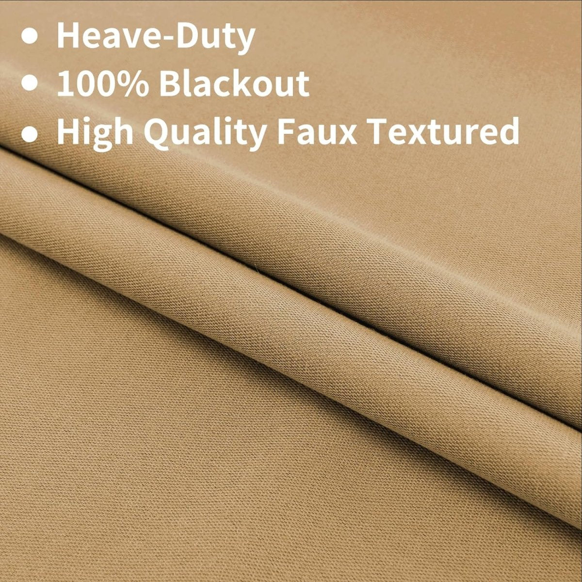 Joydeco dark beige blackout curtain fabric: plush texture, 100% blackout, thermal insulated, heavy-duty quality.