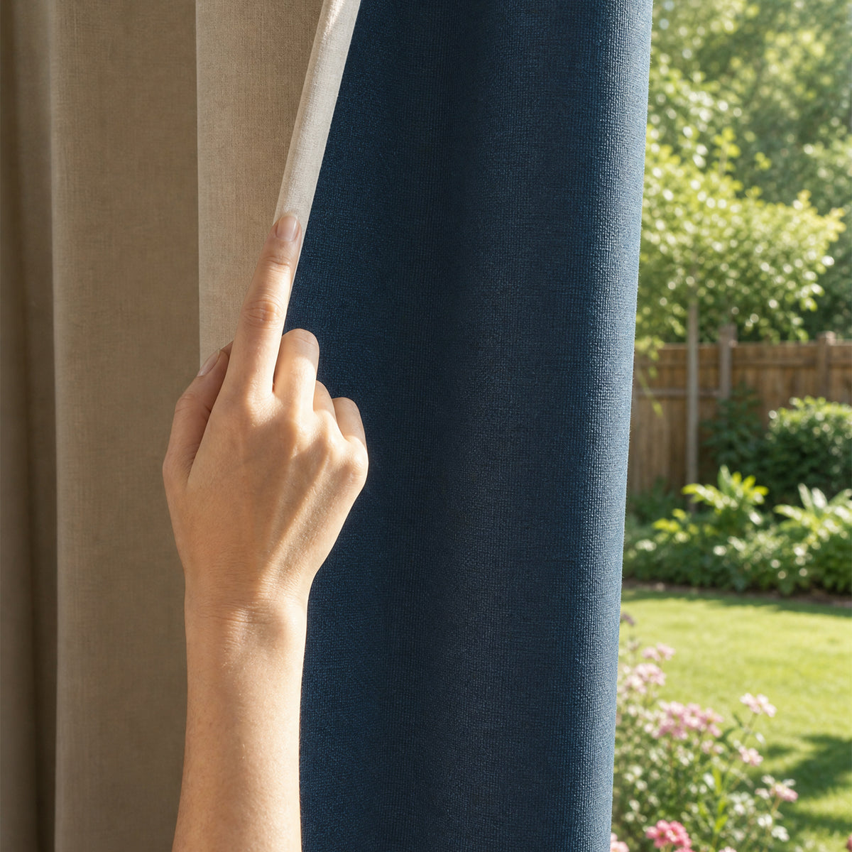 Hand lifting navy chenille blackout curtain to show light-blocking texture