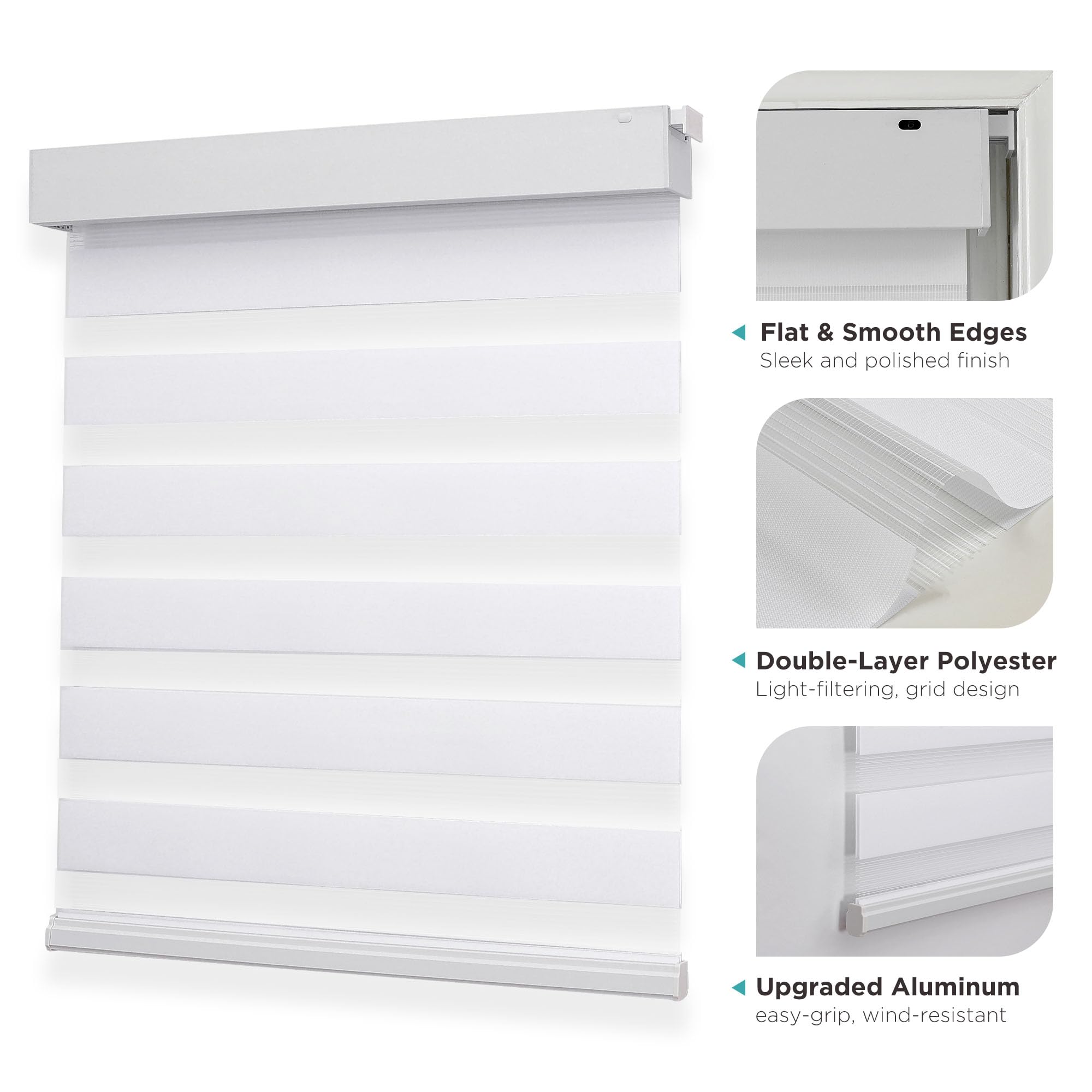 White cordless zebra blinds, light filtering, double-layer fabric, upgraded aluminum headrail and bottom bar with flat edges.