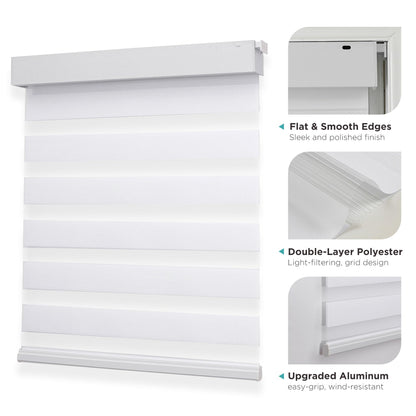 White cordless zebra blinds, light filtering, double-layer fabric, upgraded aluminum headrail and bottom bar with flat edges.