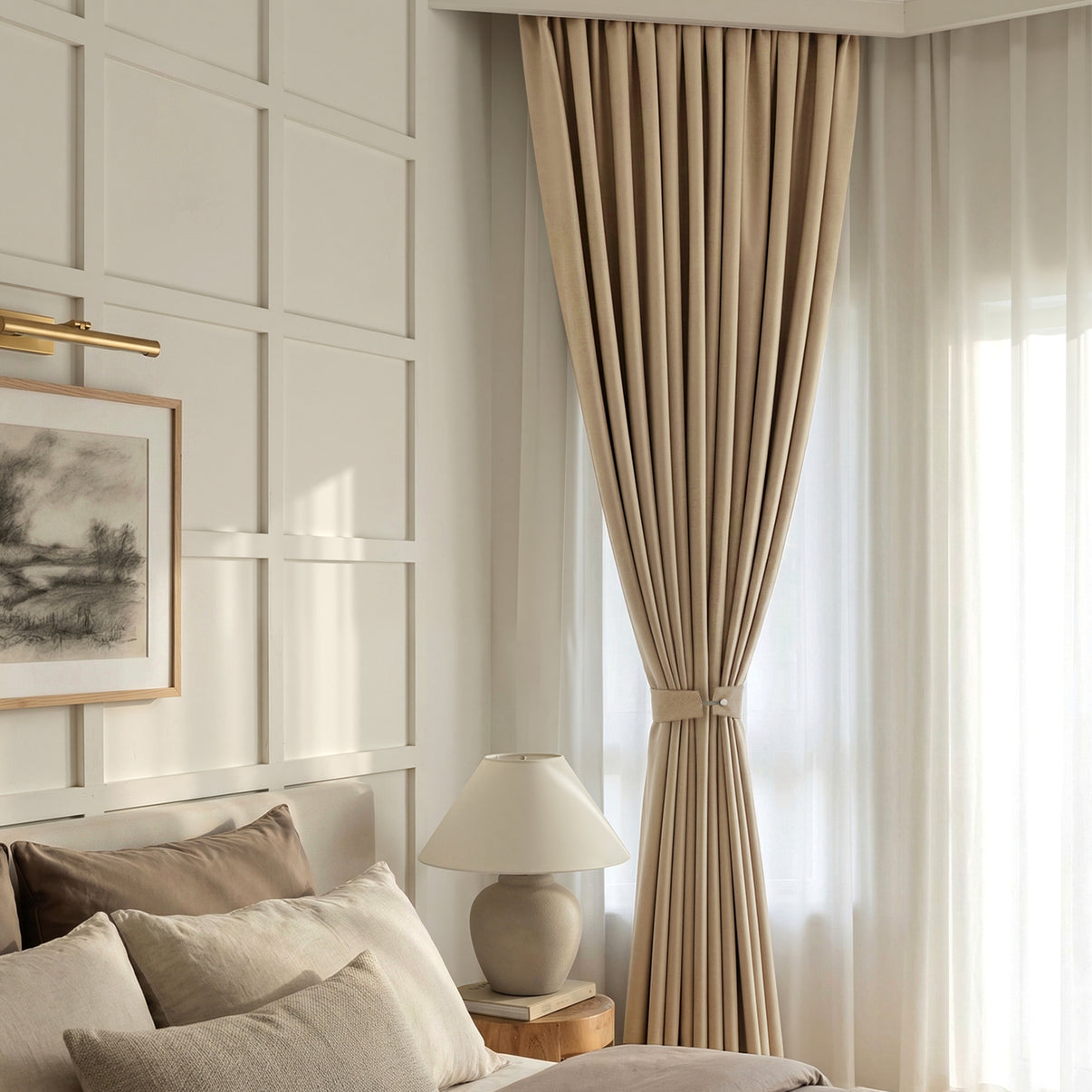 Bennett Chenille blackout curtains in taupe, custom window treatments with plush texture.