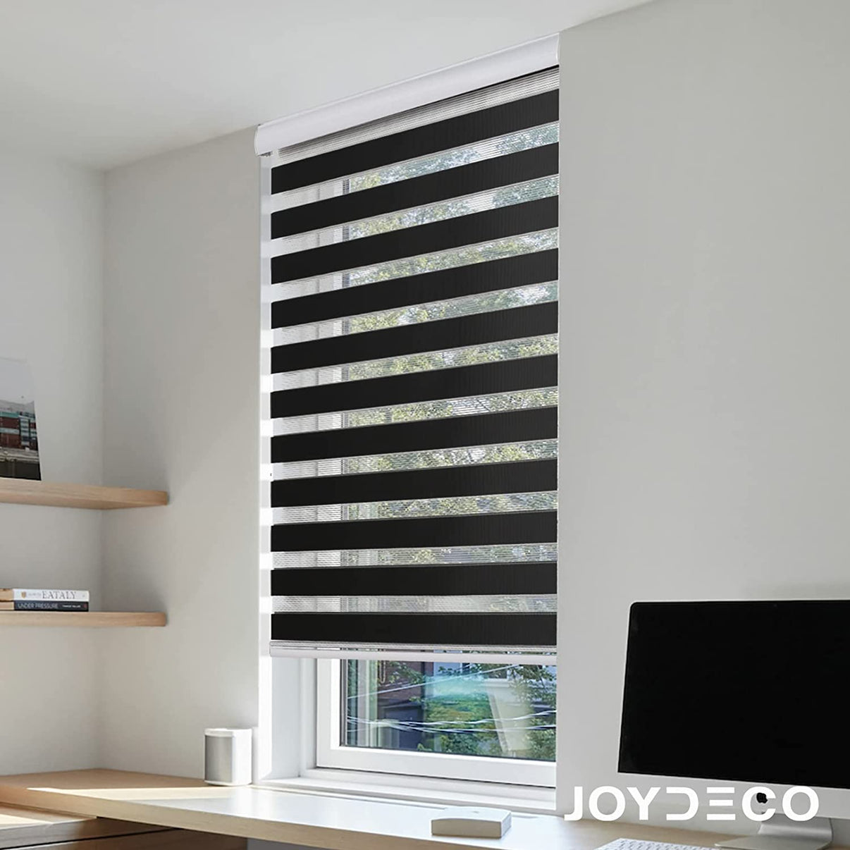 Joydeco black cordless zebra blinds on home office window, dual layer light filtering roller shades.