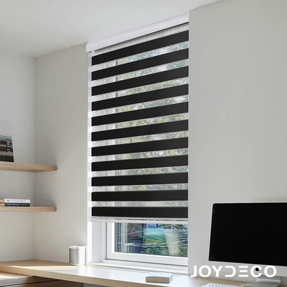 Joydeco black cordless zebra blinds on home office window, dual layer light filtering roller shades.