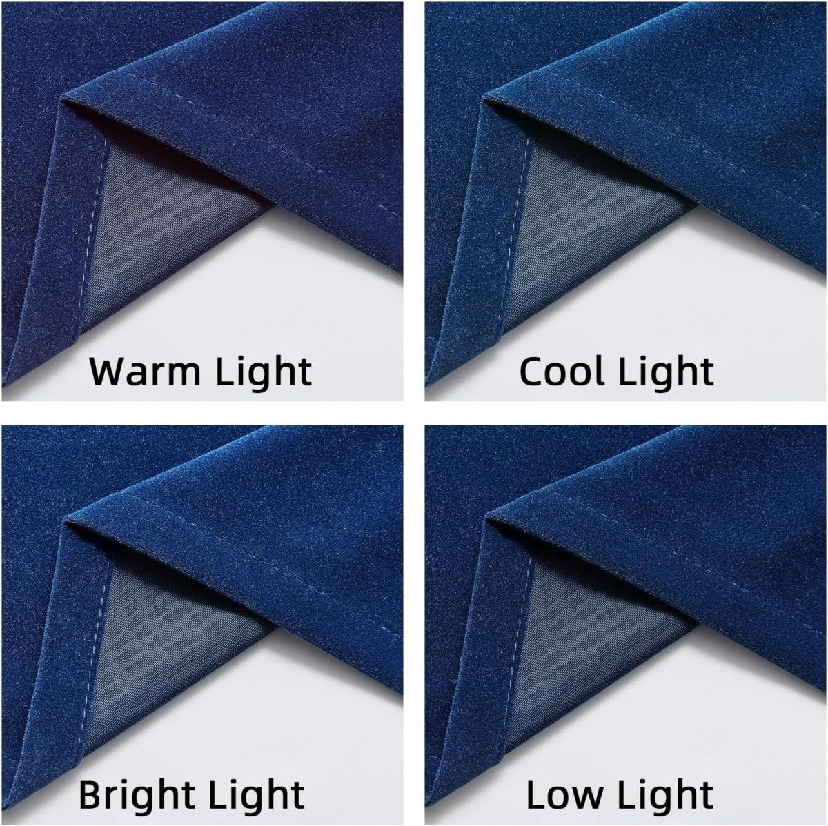 Joydeco royal blue velvet curtains shown in warm, cool, bright, and low light conditions to demonstrate appearance.