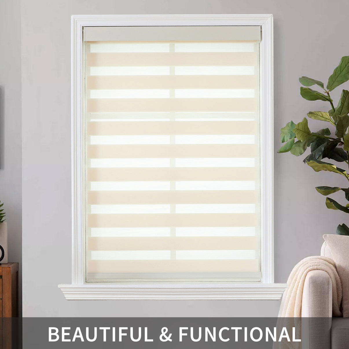 Joydeco Pro beige & white cordless zebra blinds, dual layer fabric, partially lowered for light control.