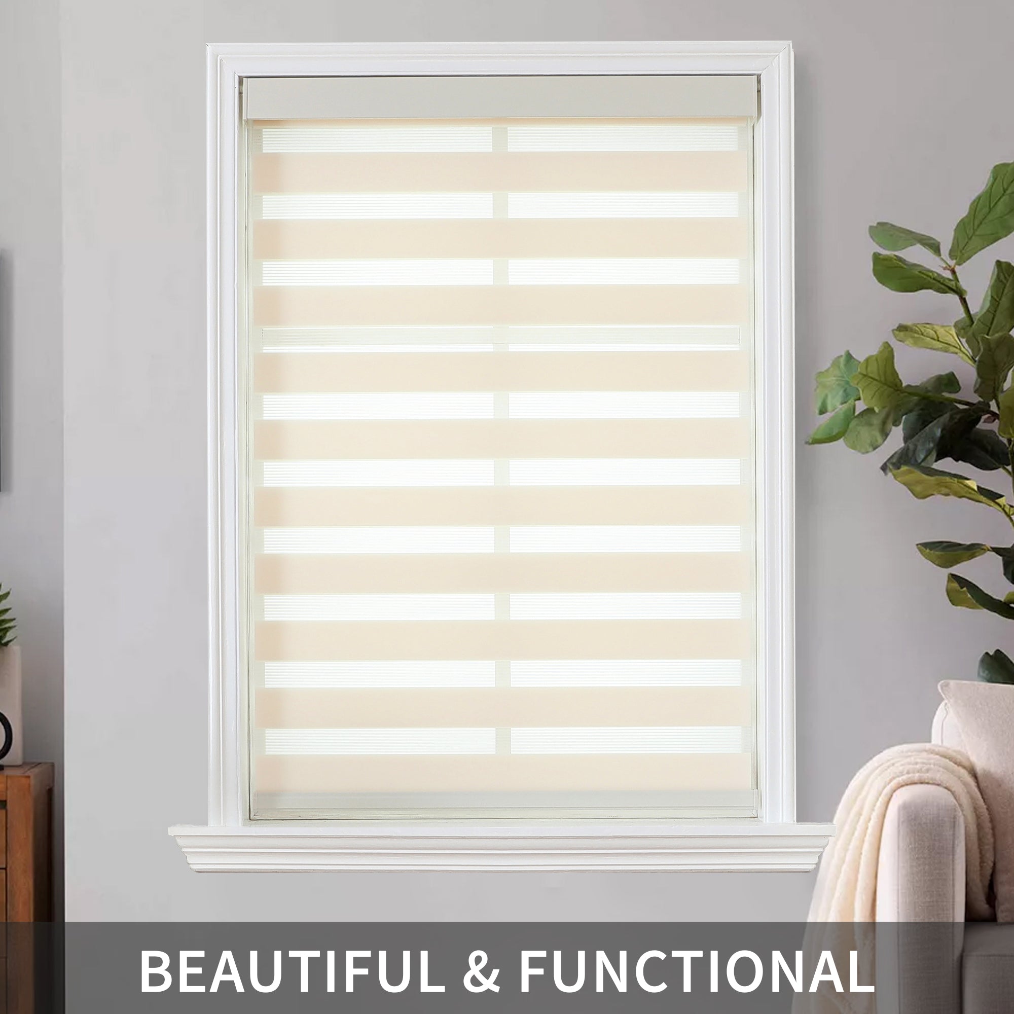 Joydeco Pro beige & white cordless zebra blinds, dual layer fabric, partially lowered for light control.